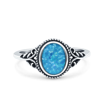 Vintage Style Oval Petite Dainty Ring Solid Oxidized Lab Created Blue Opal 925 Sterling Silver